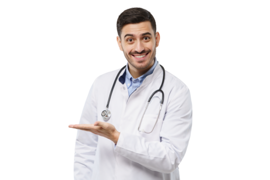 Smiling young male doctor showing and presenting something with hand