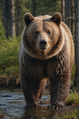 Obraz premium Majestic Brown Bear in a Forest Stream