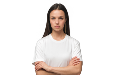 Serious woman standing with arms crossed, showing doubt and mistrust