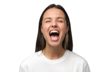Angry woman, rage concept. Close-up portrait of screaming with closed eyes crazy young female