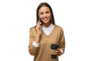 Portrait of smiling young woman talking on phone and holding takeaway coffee