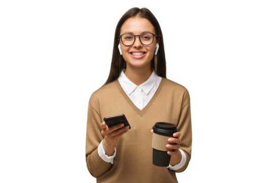 Young woman looking at camera while holding phone in one hand and coffee cup in another