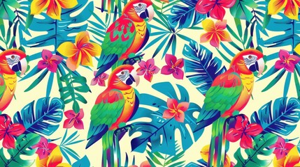 Fototapeta premium A lively design showcases colorful macaws surrounded by tropical flowers and leaves