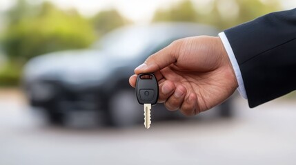 Fototapeta premium A hand holding a car key in front of a luxury vehicle, symbolizing car ownership and convenience for modern lifestyle.