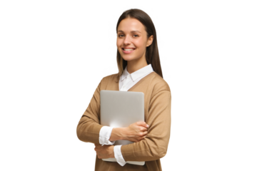 Young woman pressing closed laptop to her chest and smiling