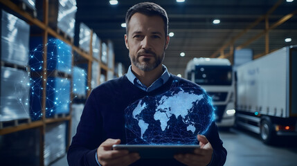 Confident businessman using a tablet in a logistics hub with a digital world map overlay