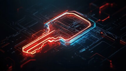 A high-tech key with a glowing red and blue neon outline, set against a stark black backdrop with a polished metallic surface, emphasizing its detailed design