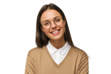 Young woman in casual clothes wearing roung glasses and smiling