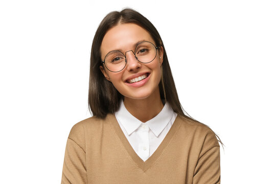 Young woman in casual clothes wearing roung glasses and smiling