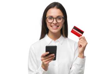 Woman holding phone and credit card, ready to purchase goods with new app