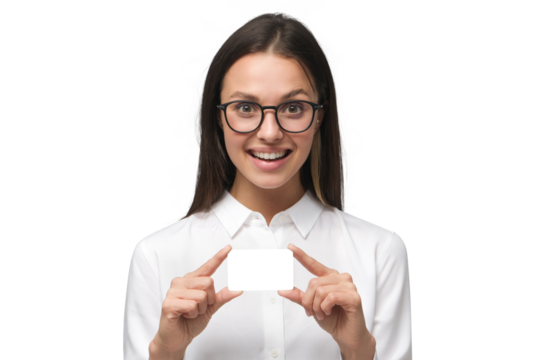 Smiling business woman in white shirt and glasses holding and showing blank empty card
