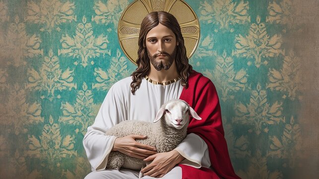 A serene image of a figure in religious attire holding a lamb, symbolizing peace and compassion, set against a decorative background.