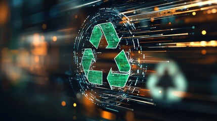A conceptual photo of a glowing recycling symbol in a futuristic setting, surrounded by floating holographic elements and digital data streams. The symbol is rendered in vibrant green hues against a