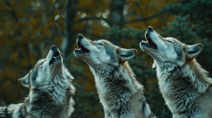 Naklejka premium Color photo of a wolf pack howling together, intense expressions with forest surroundings, cool moonlit night