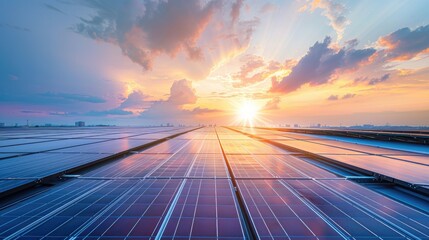 Obraz premium Color photo of a solar array on an industrial building, large panels covering the roof, urban environment with bright overhead light