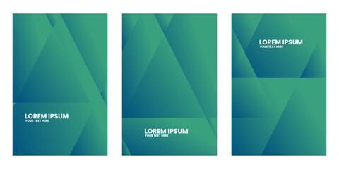 Three abstract rectangular shapes with overlapping triangles in shades of green.