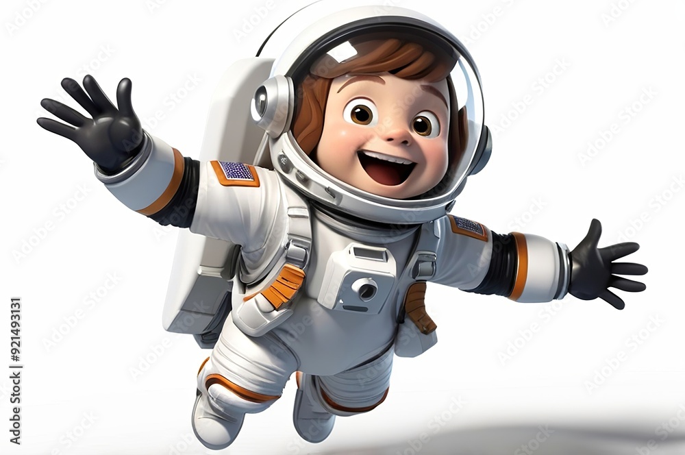 Wall mural excited astronaut with a space helmet and a jetpack, ready for launch in 3d design on a white backgr