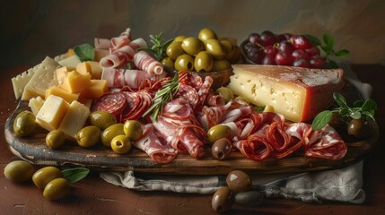Color photo of a platter of antipasto, vibrant assortment of olives, cheeses, and meats, served on a rustic wooden table, soft evening light