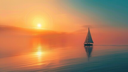 Fototapeta premium Color photo of a person sailing on a calm lake, serene expression with the wind in the sails, soft sunset light
