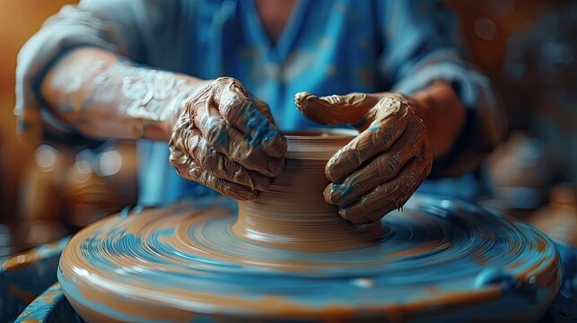 Color photo of a person sculpting clay, hands shaping a pottery piece on a wheel, bright ceramics studio, natural light