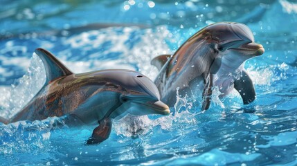 Obraz premium Color photo of a pair of dolphins playing in the water, joyful interaction with splashes, clear blue ocean, bright sunlight