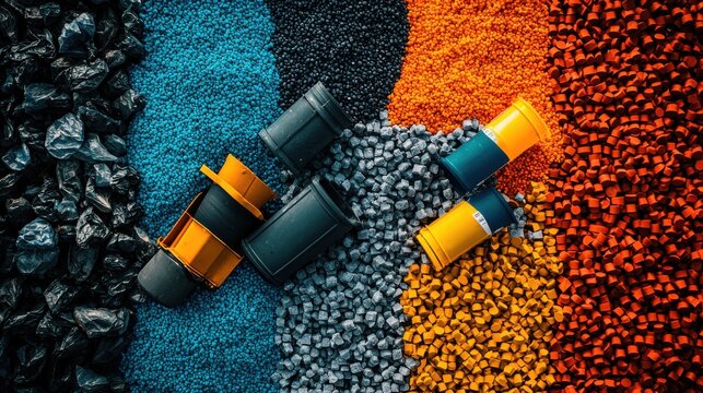 An overhead view of granulated waste meticulously sorted into separate sections, highlighting different granule sizes and materials with clear demarcations.