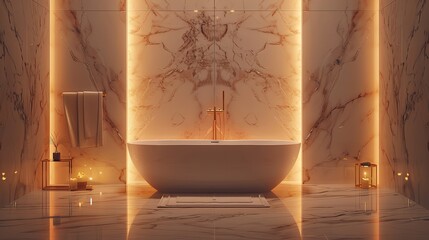 Color photo of a luxurious bathroom, freestanding bathtub with marble walls, gold fixtures, soft warm lighting