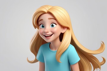 Happy cheerful cartoon character teenage girl with long blonde hair in 3D style design on a white background. Human people joyful expression concept. Made with generative AI technology