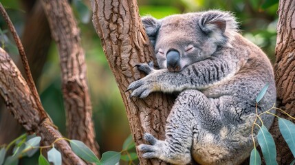 Fototapeta premium Color photo of a koala sleeping in a tree, peaceful expression with soft gray fur, eucalyptus branches, soft daylight