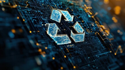 A dynamic blue 3D recycling symbol with interconnected digital lines and nodes, illustrating the concept of advanced, digitized waste management solutions