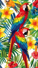 Fototapeta premium Two colorful macaws rest among bright tropical flowers in a vibrant rainforest setting