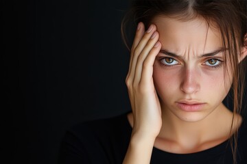 Close-Up of a Woman with Intense Expression and Hand on Forehead. Generative AI.
