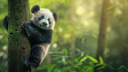 Obraz premium Color photo of a giant panda cub climbing a tree, playful expression with a strong grip, lush bamboo forest, soft daylight