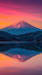 A mountain is reflected in a lake at sunset, AI