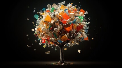 3D digital image of a tree sculpted from an assortment of household trash, such as food wrappers, plastic bags, and glass bottles. The tree stands tall with realistic shading and texture,
