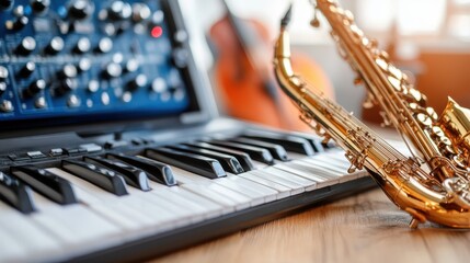 A detailed image showcasing a keyboard and a saxophone set in a music studio, focusing on the...