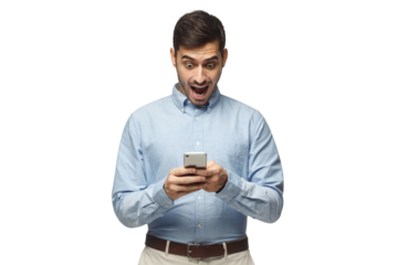 Young businessman looking at his phone with surprise expression