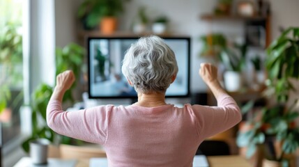 An elderly woman engages in a fitness routine, exercising indoors by following an online workout class on her TV, fostering health and well-being in a comfortable setting.