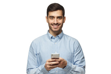 Portrait of handsome young businessman dressed in casual blue shirt, holding his phone
