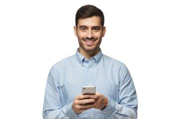 Portrait of handsome young businessman dressed in casual blue shirt, holding his phone