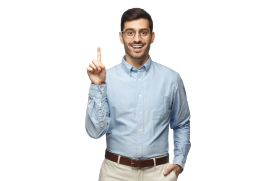 I have a great idea. Handsome businessman pointing up with index finger. Eureka, solution gesture - Powered by Adobe