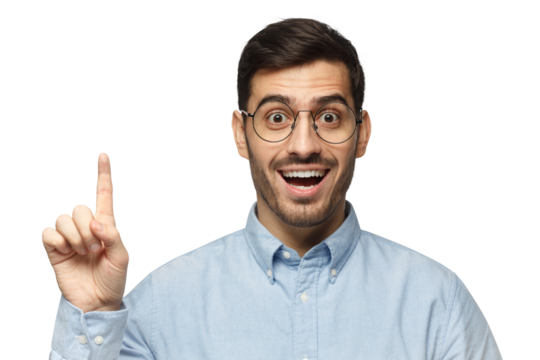 I have an idea! Businessman, making gesture with index finger. Eureka, solution sign concept