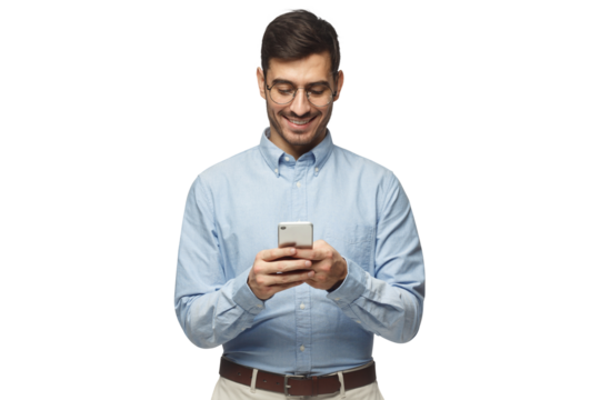Portrait of cheerful businessman in round glasses typing message with phone