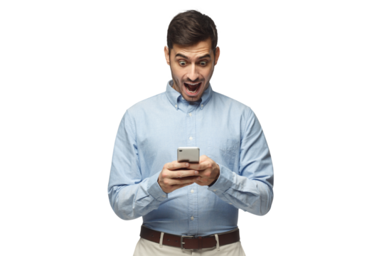 Young businessman looking at his phone with surprise expression