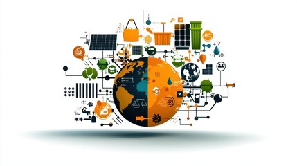 Obraz premium A high-resolution digital illustration featuring a globe at the center with various eco-friendly symbols such as recycling bins, solar panels, and water droplets. The icons are arranged around the