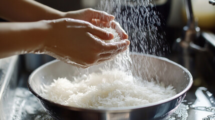 Close-up of a Woman Rinsing Rice in a Bowl Above a Sink