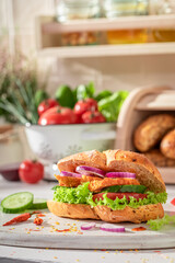 Homemade and healthy sandwich with curry chicken and chive.