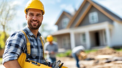 A happy construction worker with a hard hat and toolkit smiles proudly in front of a newly constructed house, symbolizing achievement, hard work, and the completion of a project.