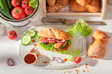Fresh and tasty sandwich with curry chicken and chive.