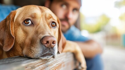 A dog rests calmly with its paws on a wooden surface, accompanied by a human, reflecting a serene moment of companionship and trust in a picturesque outdoor setting.